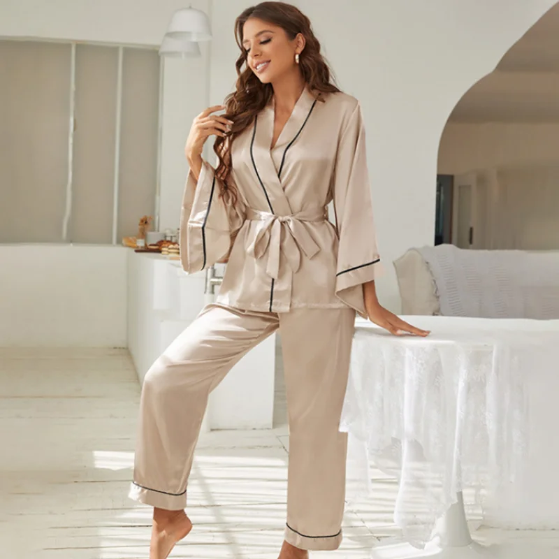 2 Piece Set Women Pajamas Satin Sleepwear Long Flared Sleeve and Long pant Fallow V-Neck Collar Casual Night Suits