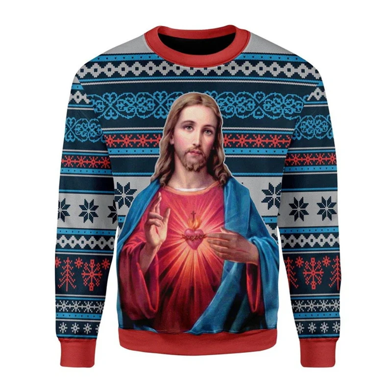 Vintage Men's Sweatshirt Tops Cross Jesus Graphic 3D Crewneck Hoodies Men's Christian Printed Unisex Casual Oversized Sweater