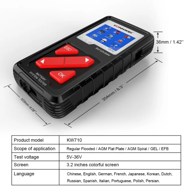 KONNWEI KW710 100-2000CCA Battery Analyzer Tester For Cars Trucks 6V 12V 24V Car Cranking And Charging System Test Diagnostic