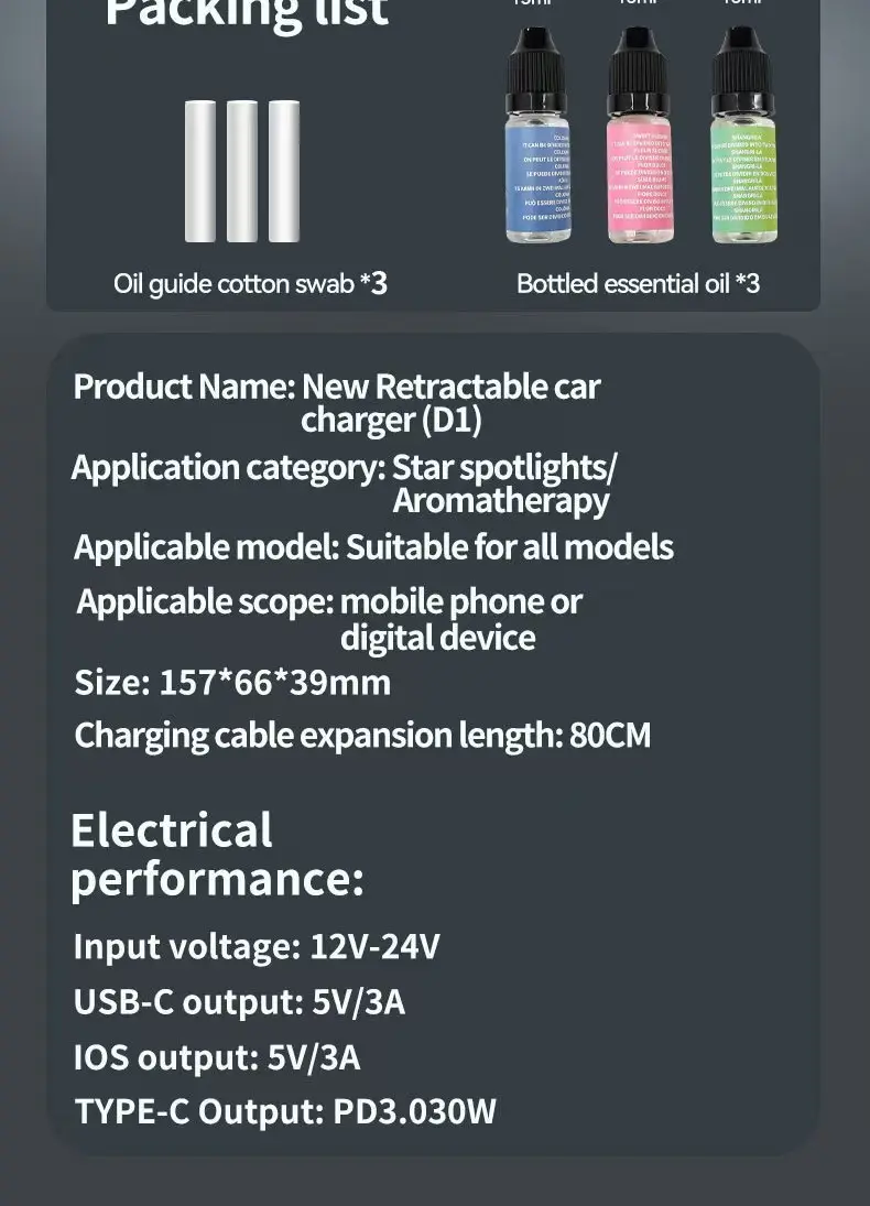 5-in-1-Auto-Aromatherapie-Diffusor für ätherische Öle, Sternenlicht, 45 W, einziehbares Telefon-Ladegerät mit IOS Typ C PD30W-Kabel für iPhone – Detail 15