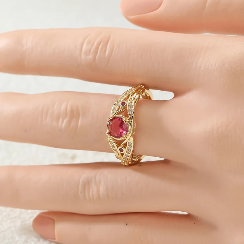 Romantic Vintage Rose Red Synthetic Zirconia Golden Hollow Eternal Ring Women's Elegant Luxury Banquet Anniversary Charm Jewelry