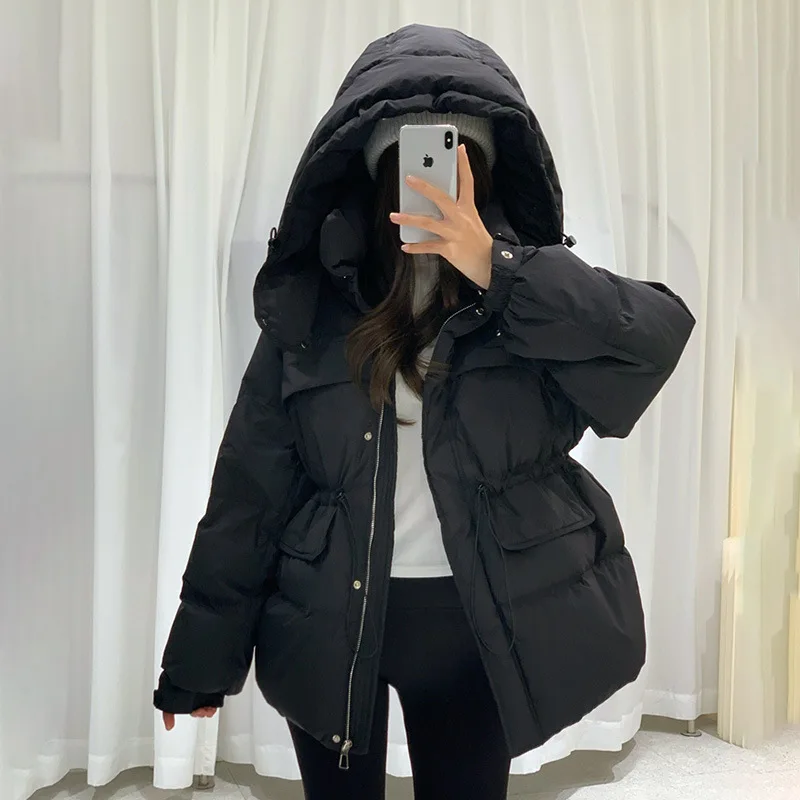 Fashionable hooded waist down jacket for women mid-length 2024 Korean thick white duck down jacket winter coat