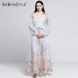 TWOTWINSTYLE Hit Color Printing Loose Dresses For Women Lapel Long Sleeve High Wasit Spliced Lace Up Elegant Dress Female New