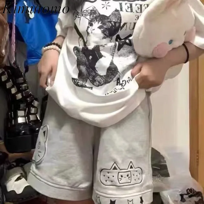 

Kimutomo женские шорты с карманами в виде кота Y2k, эстетические Harajuku, милые модные эластичные повседневные широкие женские шорты с высокой талией