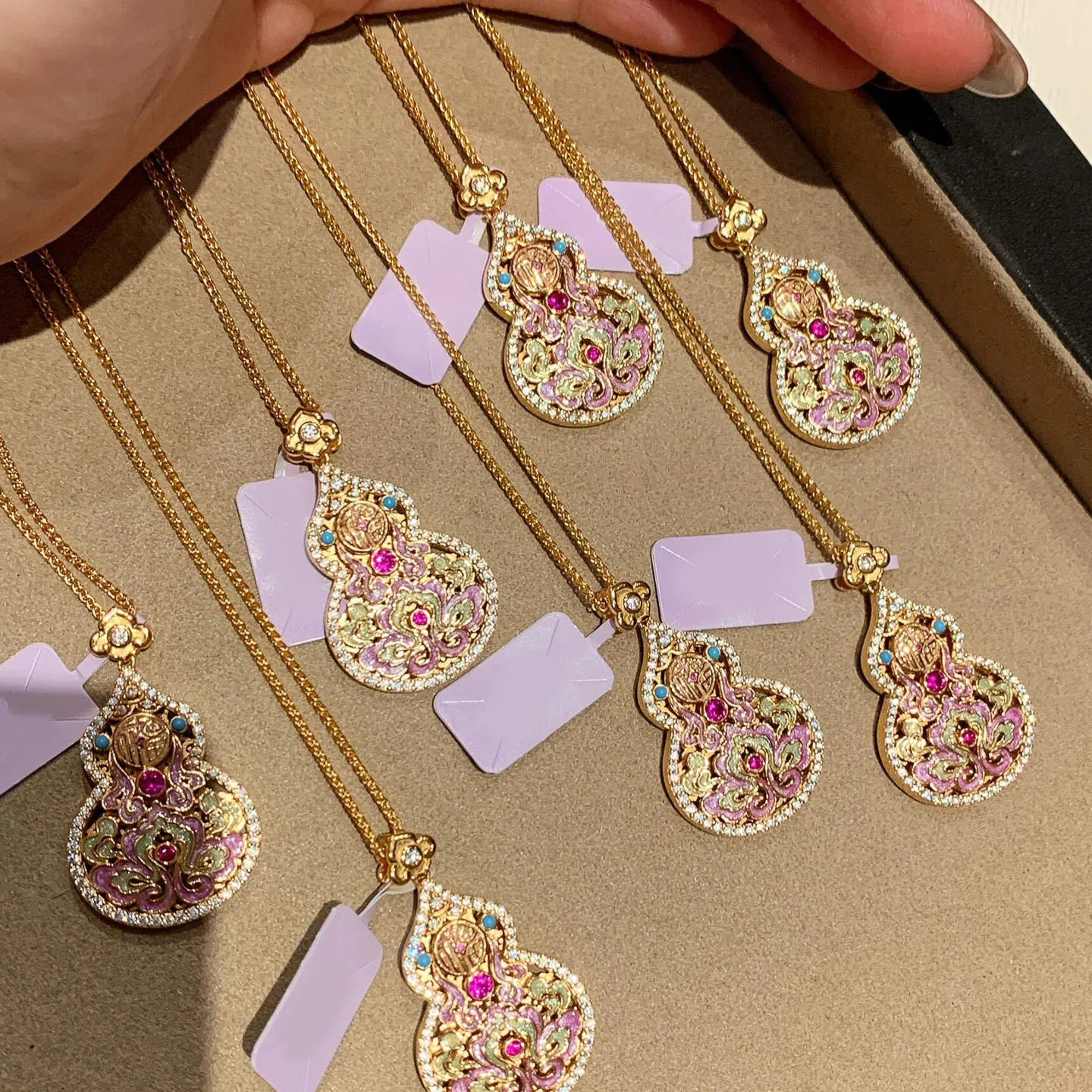 

Romantic Style Colored Pink Enamel Lotus flower Necklace Classical Bracelet Exquisite and High Grade Gourd Jewelry sets Gift