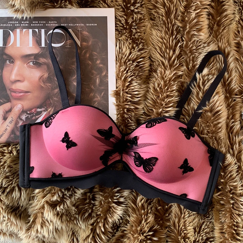 

Embroidery lace bra small breasts gathered show large underwear female non-marking sexy sweet non-steel ring lingere