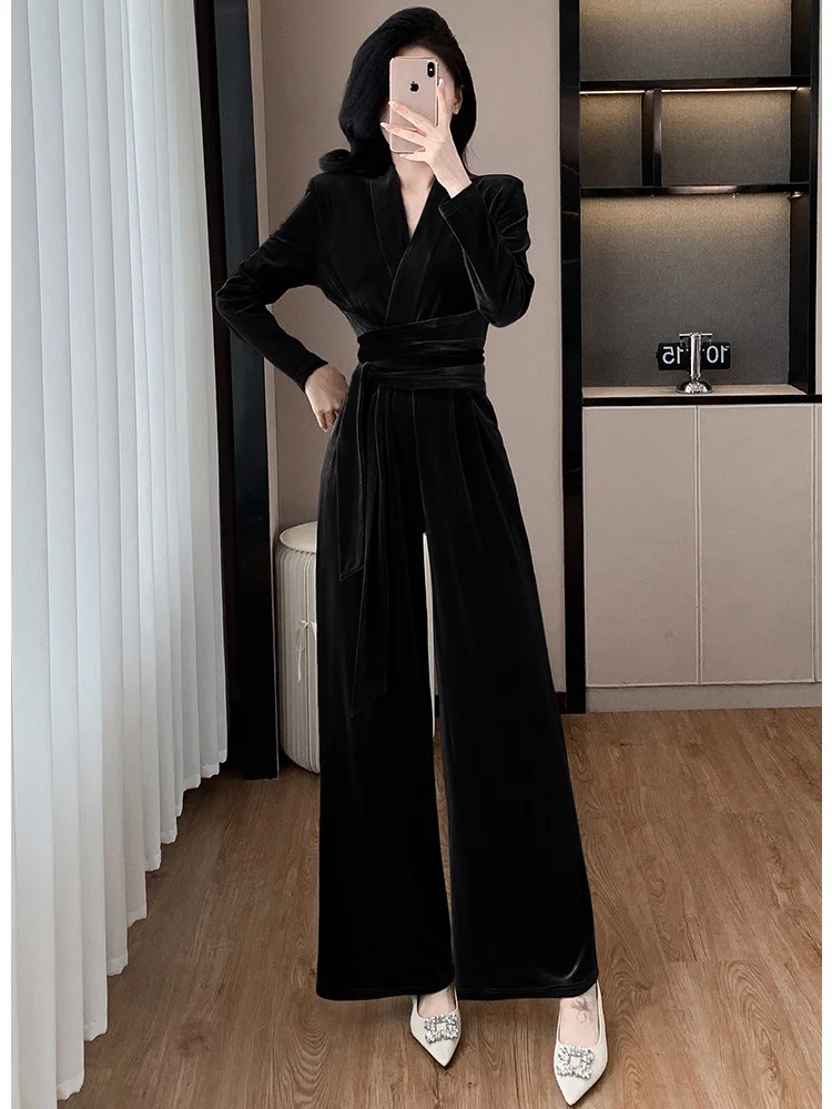 SMTHMA New Autumn Winter Celebrity Velvet Jumpsuit V-Neck Slimming High Waisted Tie Up Wide Leg Pants