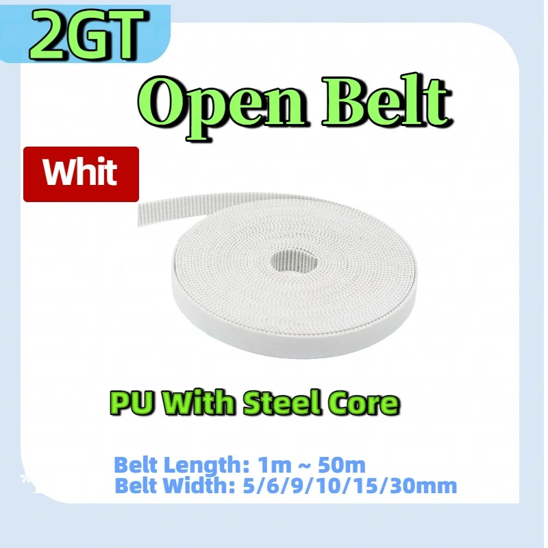 

2GT PU белый открытый ремень ГРМ из полиуретановой стали, ширина сердечника 5/6/9/10/15/30 мм, ремень 3D-принтера GT2, открытый ремень