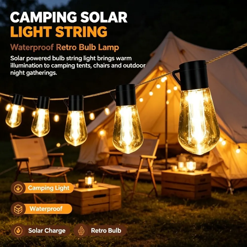 Solar Light String Retro Light Bulb Outdoor Decoration Suitable for Courtyard Camping Garden Party Decoration Atmosphere Light