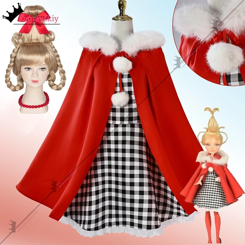 Cindy Lou Who Coaplay Costume Christmas Outfit Women Girls Uniform Red Hood Cloak Plaid Dress Green Braid Wig Monster Cos Set