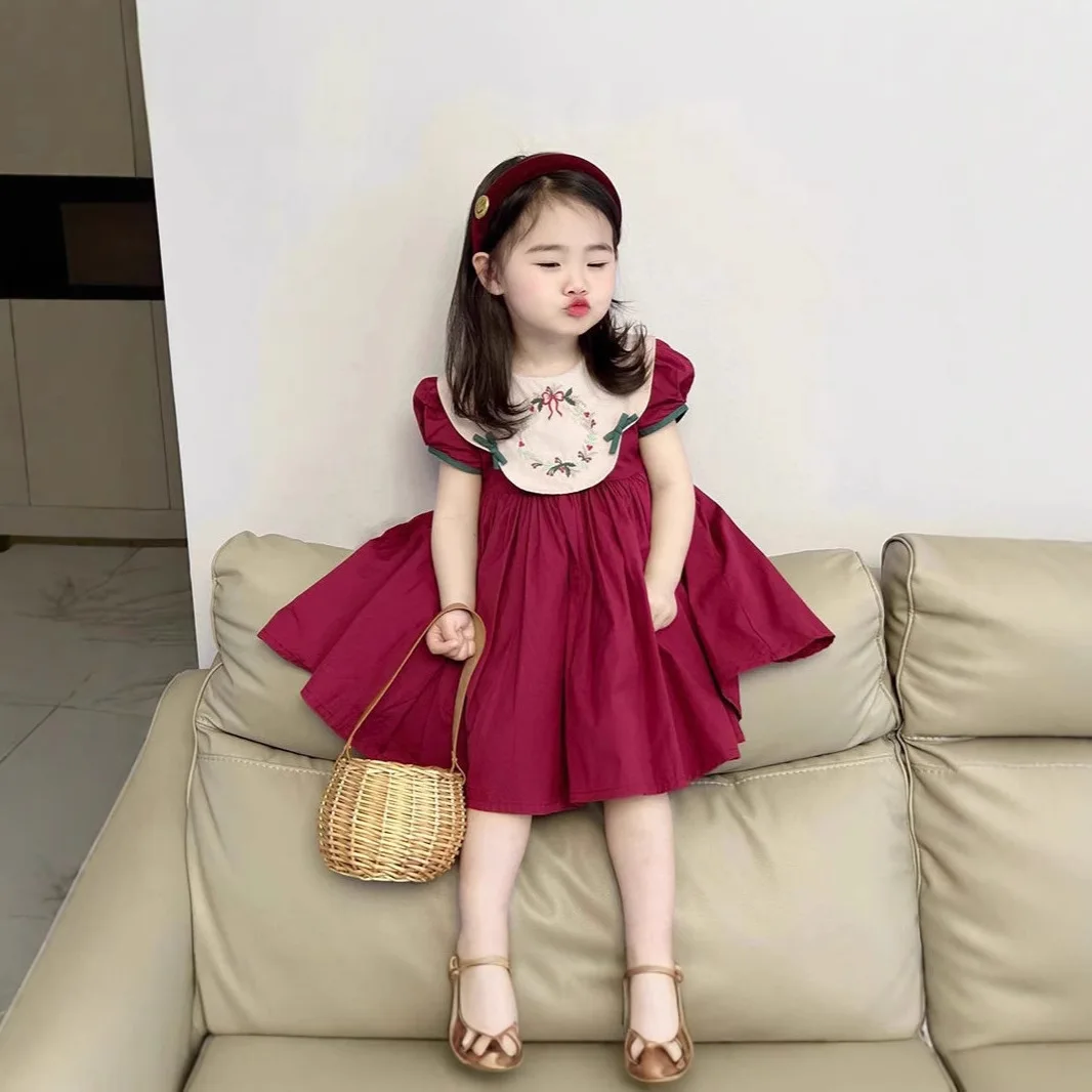 Girls Casual Dresses Flower Embroidered Lapel Bubble Bag Short-sleeved Dress Kids Dresses for Girls 2 To 7 Years