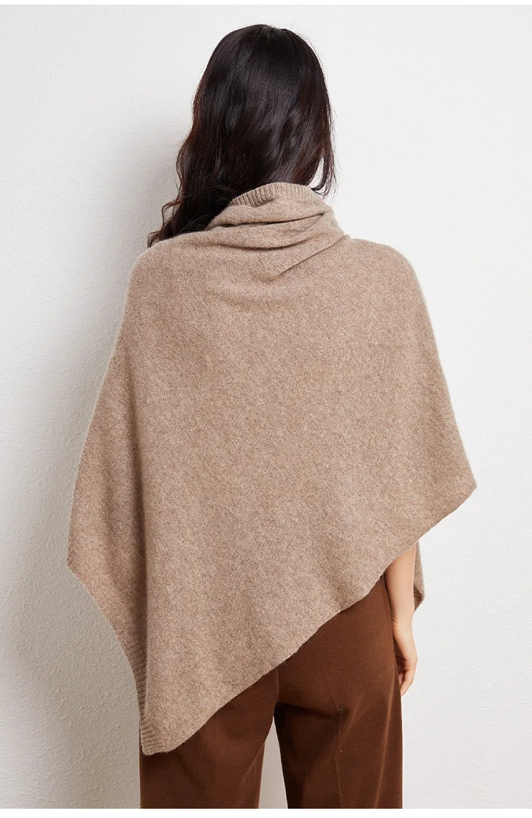 100%Wool Turtleneck Poncho Pullover Shawls Women Knitted Irregular Cloak Fashion Soft Warm Wollen Bat Sleeve Loose Thin Coat