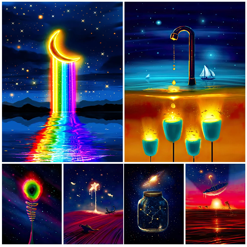 

Andromeda In A Jar And Rainbow River Under The Moon Wall Art Canvas Painting Surrealist Abstract Star Art Poster And Print Decor