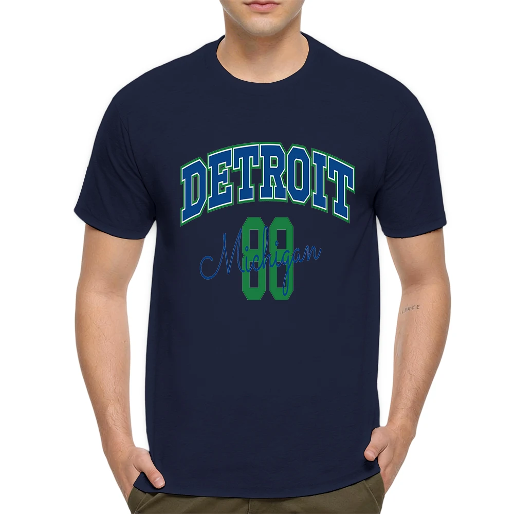 Mens 100% Cotton T Shirt Detroit Michigan 88 Vintage Varsity Arch Number Cursive Script Print Breathable Short Sleeve Daily Wear