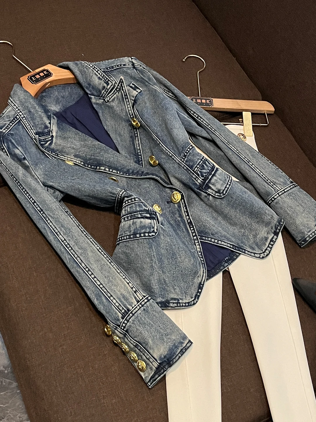 

Ele Blue Slim Fit Double Breasted Denim Jaet Faionable Outerwear Women's Busin Suit Commute Sle A666