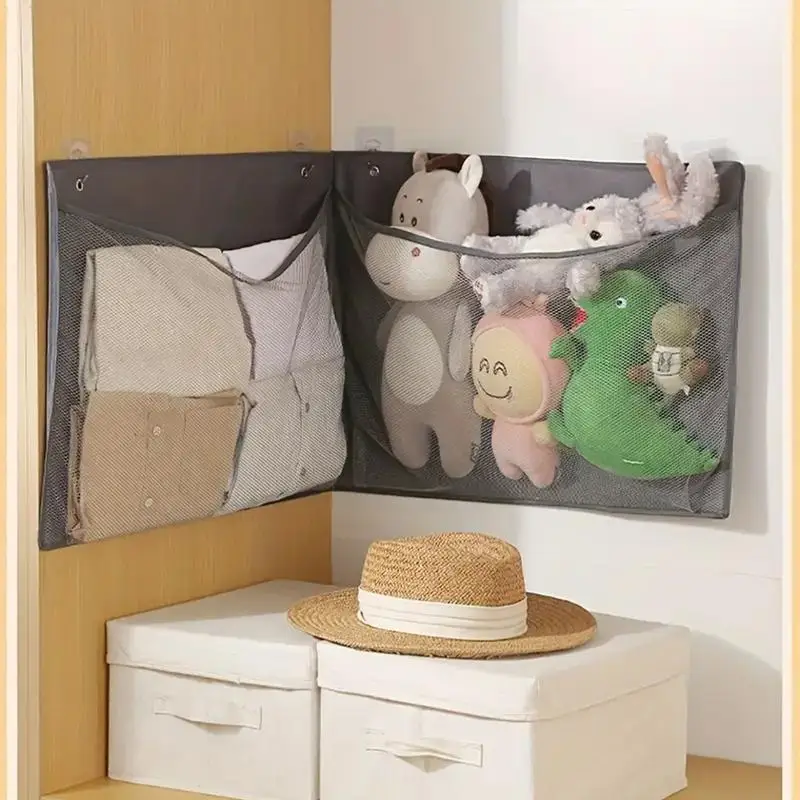 Plushies Organizer 2-Pocket Floating Clothing Net No Drilling Wall Mounted Stuffed Animal Holder Mesh Toy Holder for Living Room