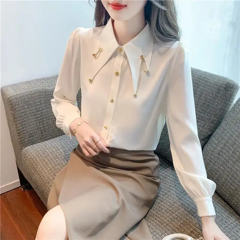 Fashion Lapel Solid Color Spliced Button Shirts Female Clothing 2023 Autumn Winter New Loose Elegant Tops Office Lady Blouses