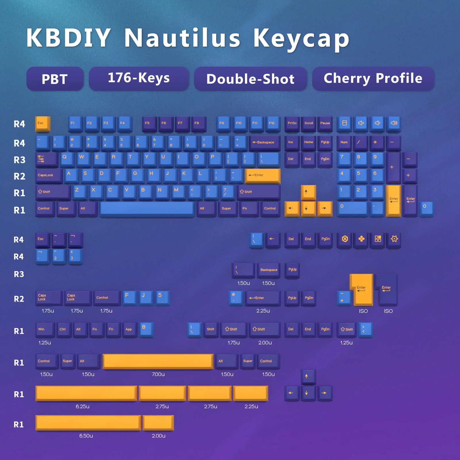 KBDiy 체리 프로필 PBT GMK 노틸러스 키캡 세트, DIY 맞춤형 더블 샷 176 키 캡, 게이밍 기계식 키보드 MX 스위치 