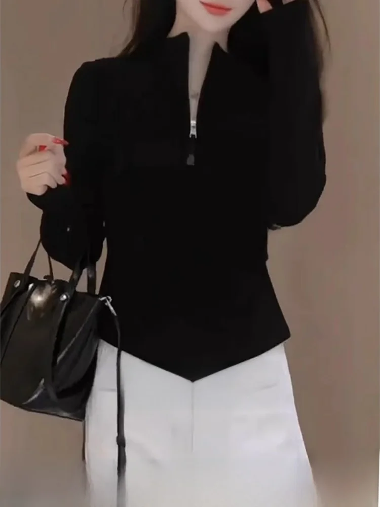 Slim Fit Long Sleeve T-Shirt Women's Half Zipper Black Folded up Top Korean Style Commute Pure Color Spring Season