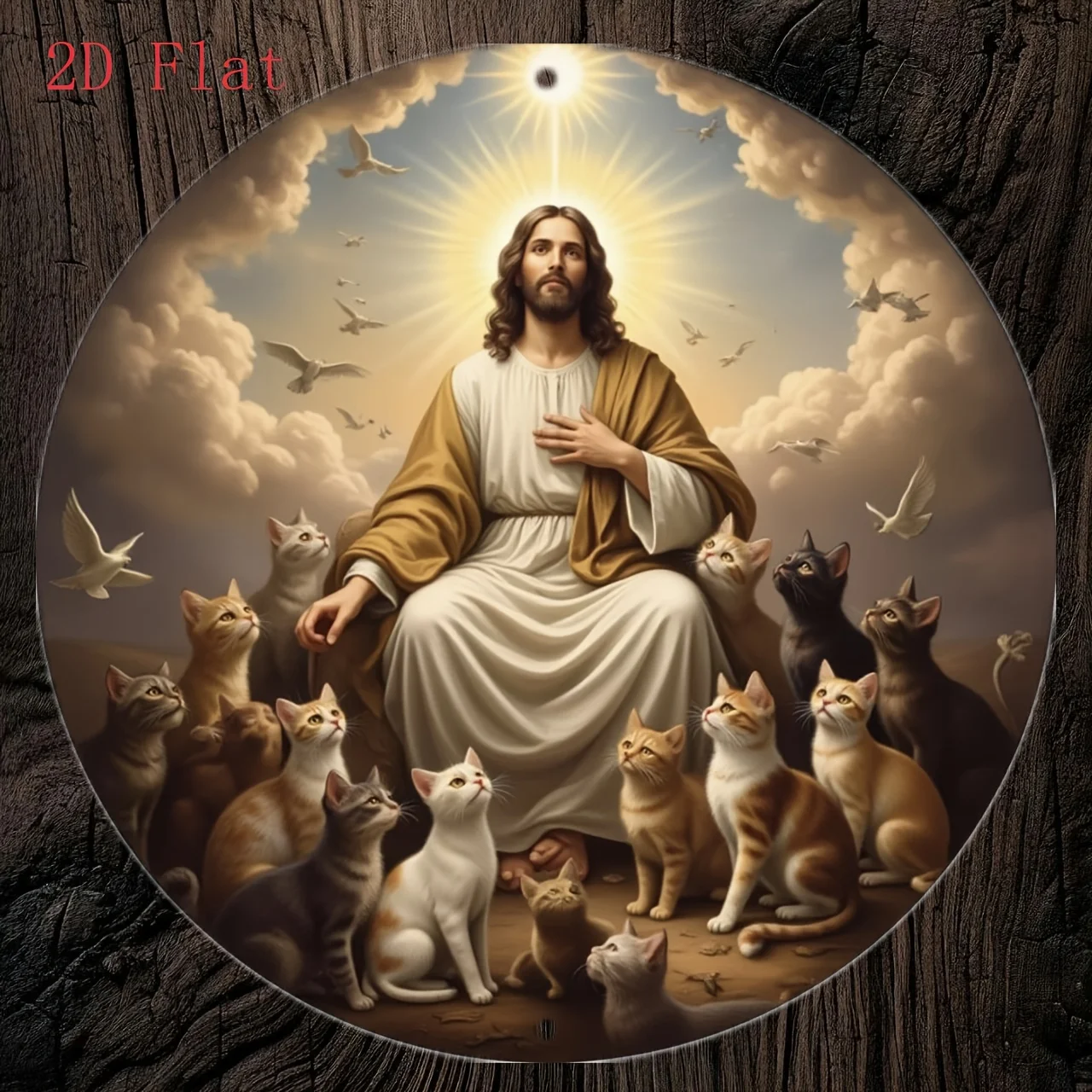 Metallschild „Jesus mit Katzen und Tauben“ – 2D flache religiöse Wandkunst, spirituelle Heimdekoration für Schlafzimmer, Küche, Esszimmer