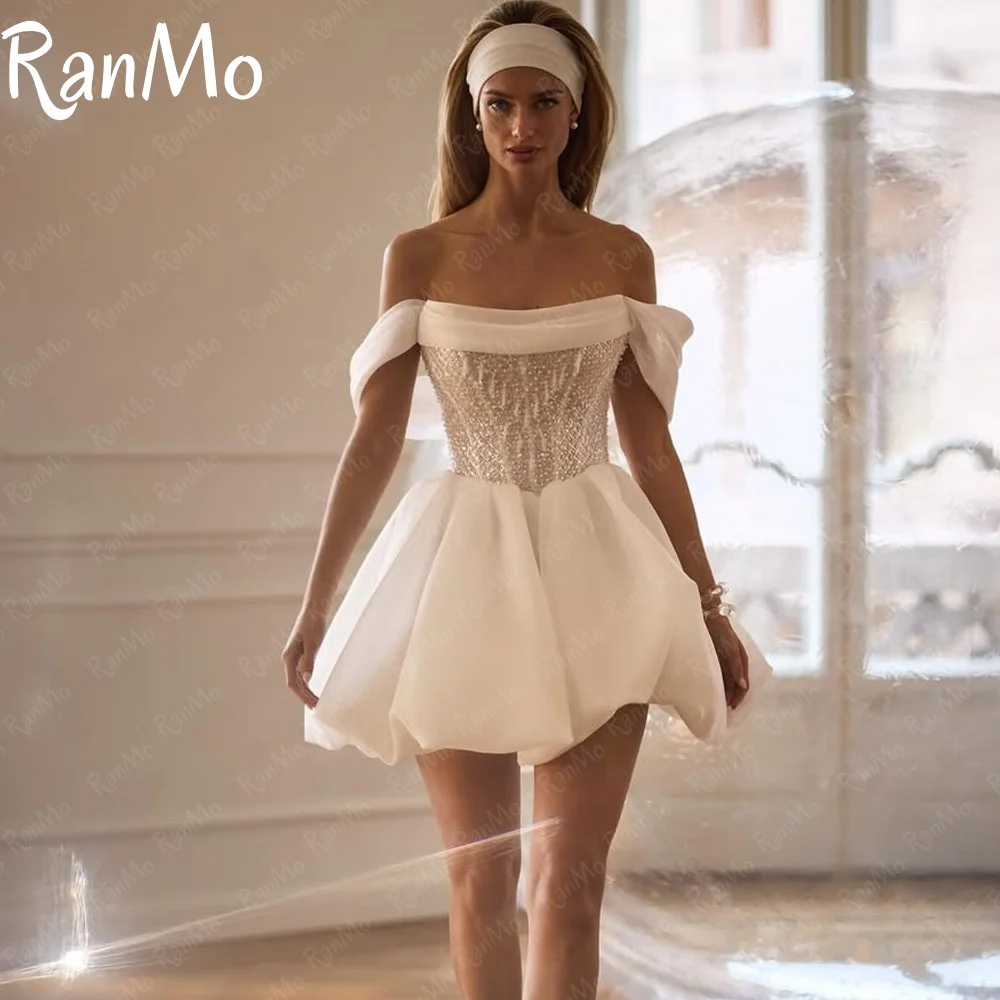 

Ranmo Modern lvory Mini Wedding Dress Strapless A LIne Ball Bridal Gowns Women Beadings Short Bride Dresses vestidos de novia