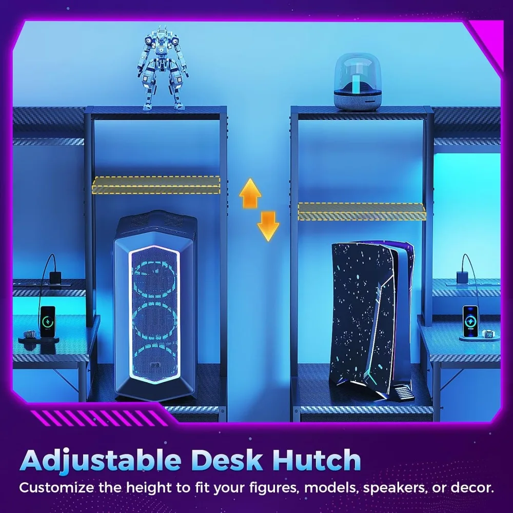 Mesa de jogos de 48 polegadas com gaiola e 3 gavetas de tecido, mesa de computador com portas USB e luzes LED, mesa de jogador de PC reversível com Mo