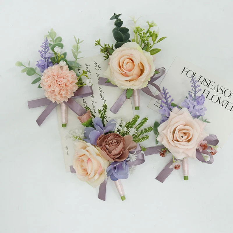 Corsage de poignet et boutonnière, fournitures de mariage, invités de banquet, fleurs de mots, mariée divand, corintersection, violet et rose