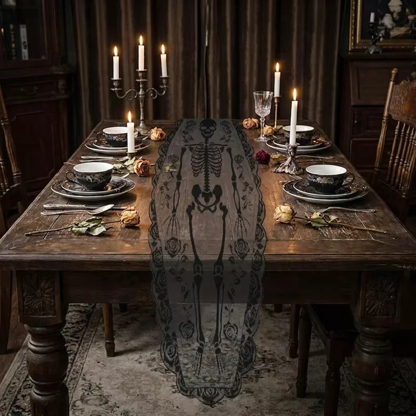 Halloween spooky skull table flag, rose lace trim, haunted house / party table decoration cloth