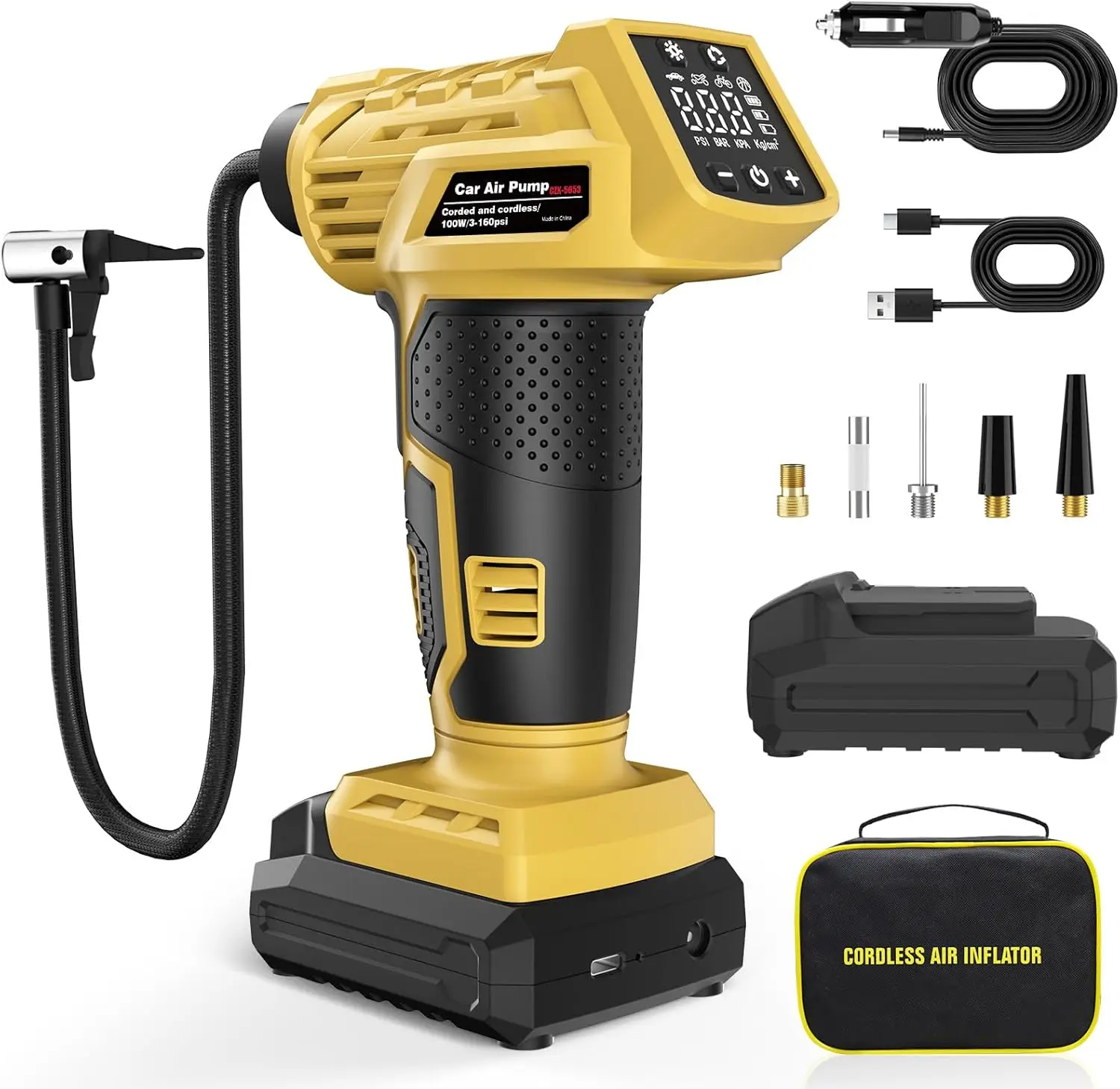 

Portable Air Compressor with Digital Gauge, 160PSI Rechargeable Pump for Tires, 12V DC Adapter Included