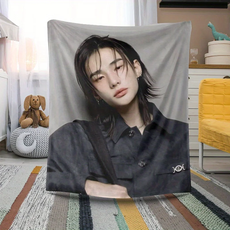 Black Jacket Brand Pattern Grey Background Pattern Digital Print Flannel Blanket,  Polyester Material, Lightweight Non
