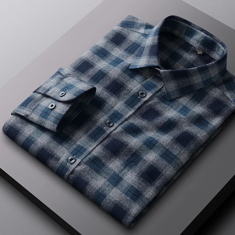 New in shirt 100%cotton sanding long-sleeve shirts for men houndstooth Smart Casual single pocket soft top hight qulity clothes