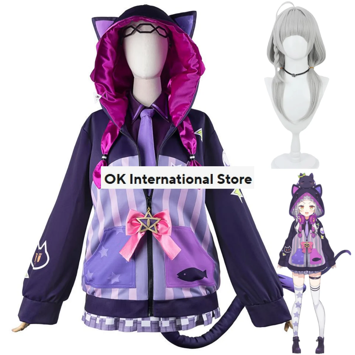 Virtual YouTuber Hololive Murasaki Shion Cosplay Costume Wig Hoodies Coat JK Uniform Skirt Woman Sexy Kawaii Halloween Suit