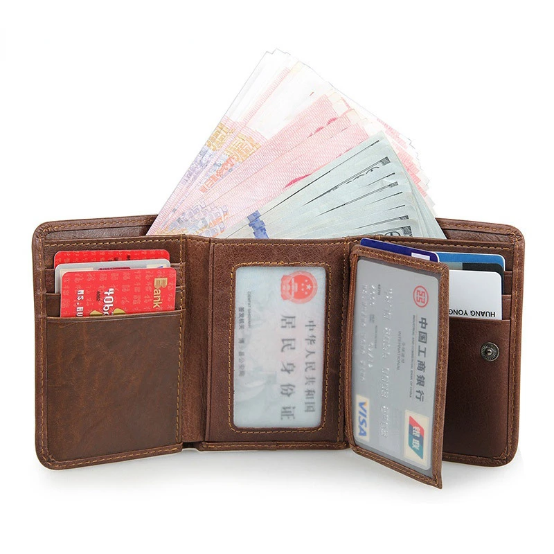 

Men Short Wallet Genuine Leather Vintage Trifold Wallet RFID Card Holder Luxury Small Male Purse Money Bag High Quality