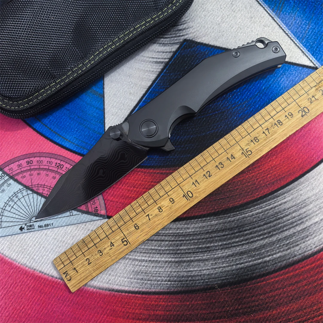QK Damascus Steel DLC Folding Knife Titanium Alloy Handle Camping Picnic Fruit Knife Outdoor Hiking Hunting Rescue EDC Tool