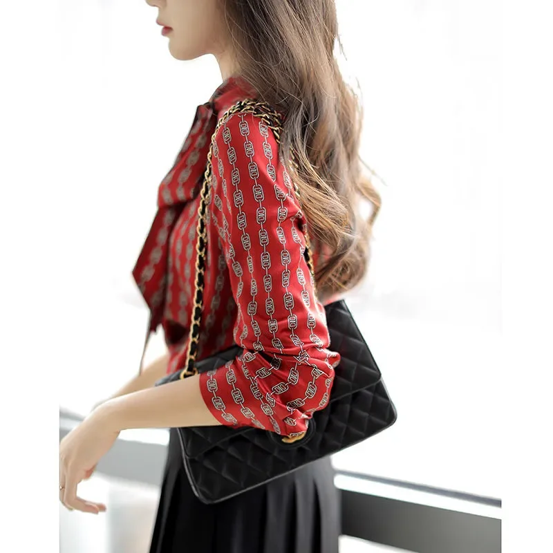 Spring Autumn Sense Of Design Shirt Women 2024 New Fashion Loose Casual Tops Printing Wine Red Temperament Shirts Blouse Female