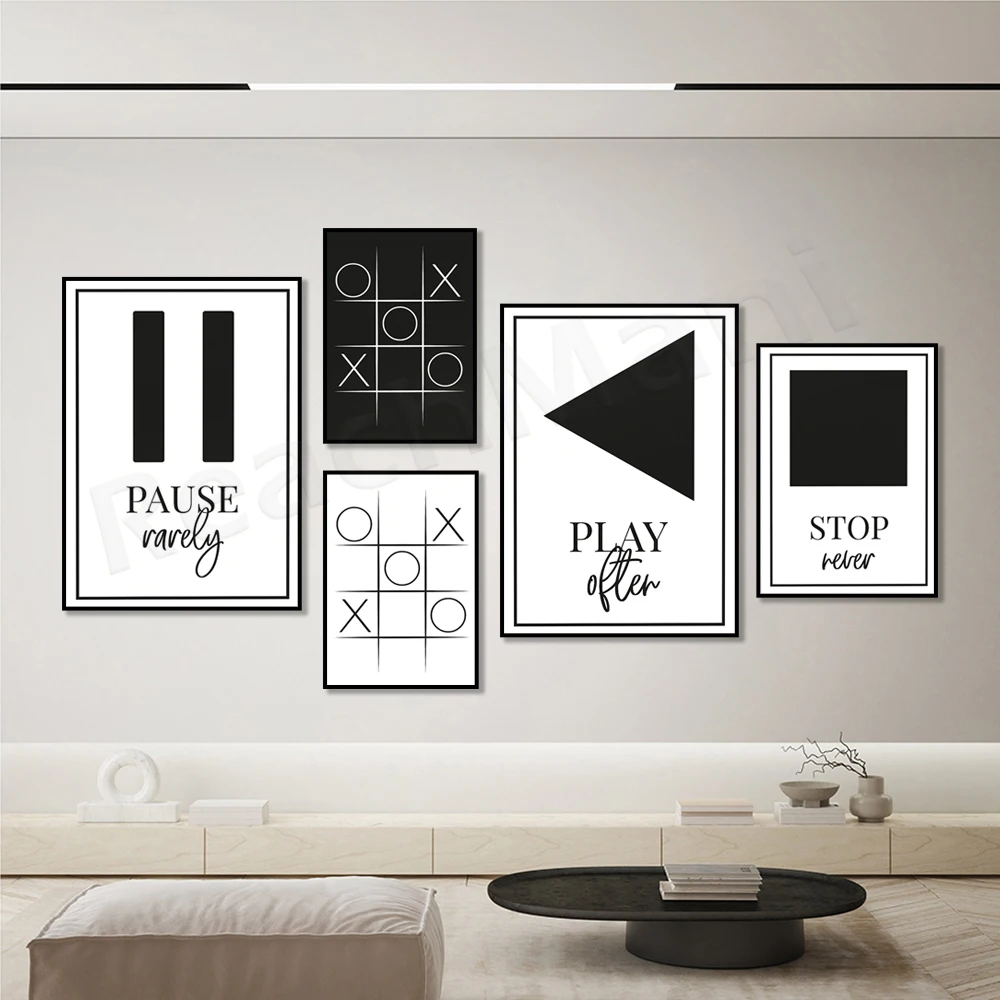 Black and white print, play, pause, stop, music symbol button poster, Xox, neutral art, inspirational print, home wall decor,