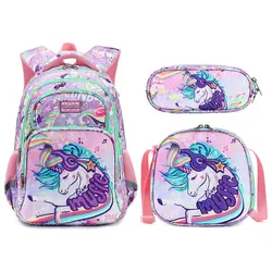 Cartoon Unicorn 3 Piece Set School Bags For Girls Kids Space Backpack Boys Folding Orthopedic Primary School Backpack Rucksack