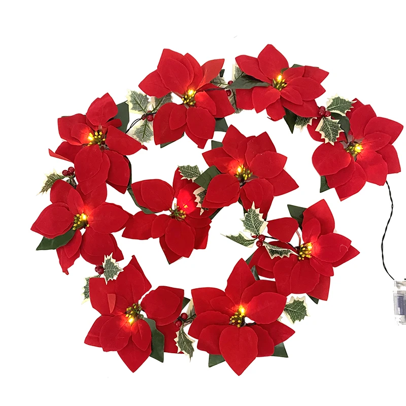 

Artificial Poinsettia Flowers Garland Decorations with String Lights Christmas Flowers Home Xmas Tree Fireplace Stairs Decor