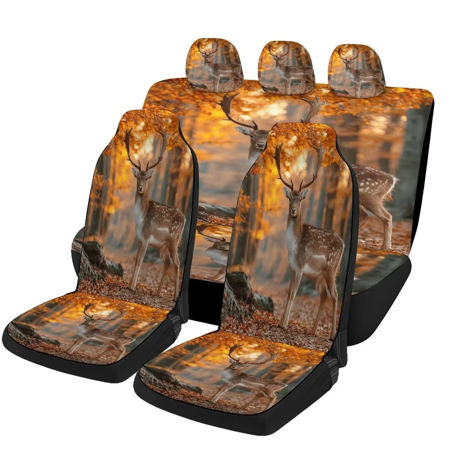 Deer Autumn Forest Designed Car Seat Cover Set For Most Cars, Trendy Novelty High-quality Car Seat Protector Covers Full Set, Un