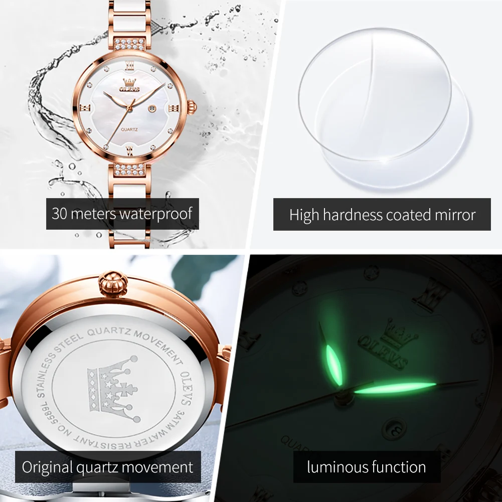 OLEVS Elegant Ceramics Strap Quartz Watch for Women Waterproof Luminous Auto Date Ladies Hand Clock Luxury Brand Wristwatch Sets