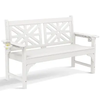 Outdoor Bench with Cup Holders, HDPE All Weather Porch Bench Load up to 800 Lbs, 2-Person Garden Benches Rot-Proof, Customized