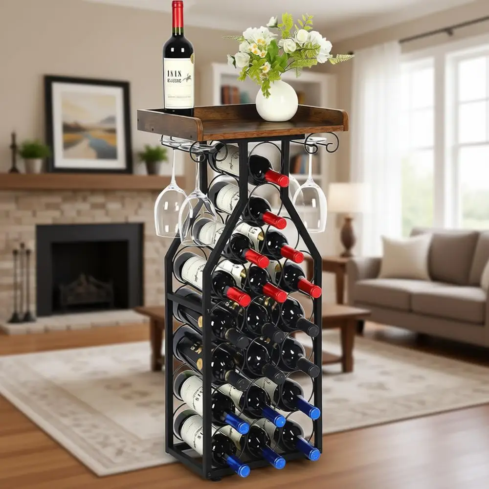 

Floating Shelves Wine Rack with Liquor Stand, Mini Bar Table, and Glass Holder for 19 Bottles - Ideal for Dining or Living Rooms