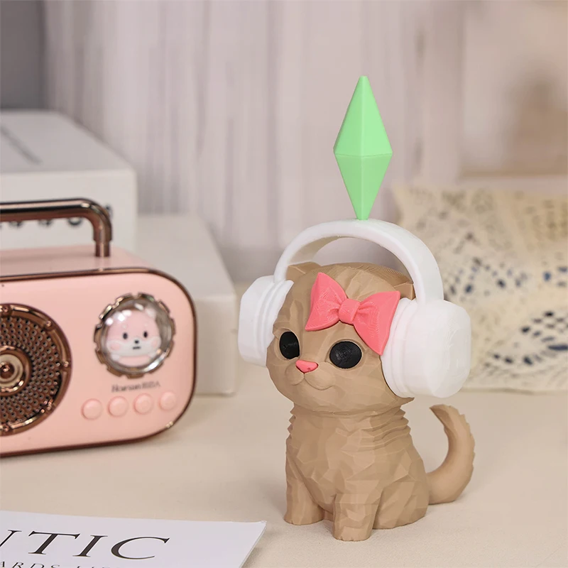 3D Printed Cat Figurine with Headphones Head-shaking Dance Cat, Cute Geometric Kitten Statue,Home Desk Decor, Car Decor Gift