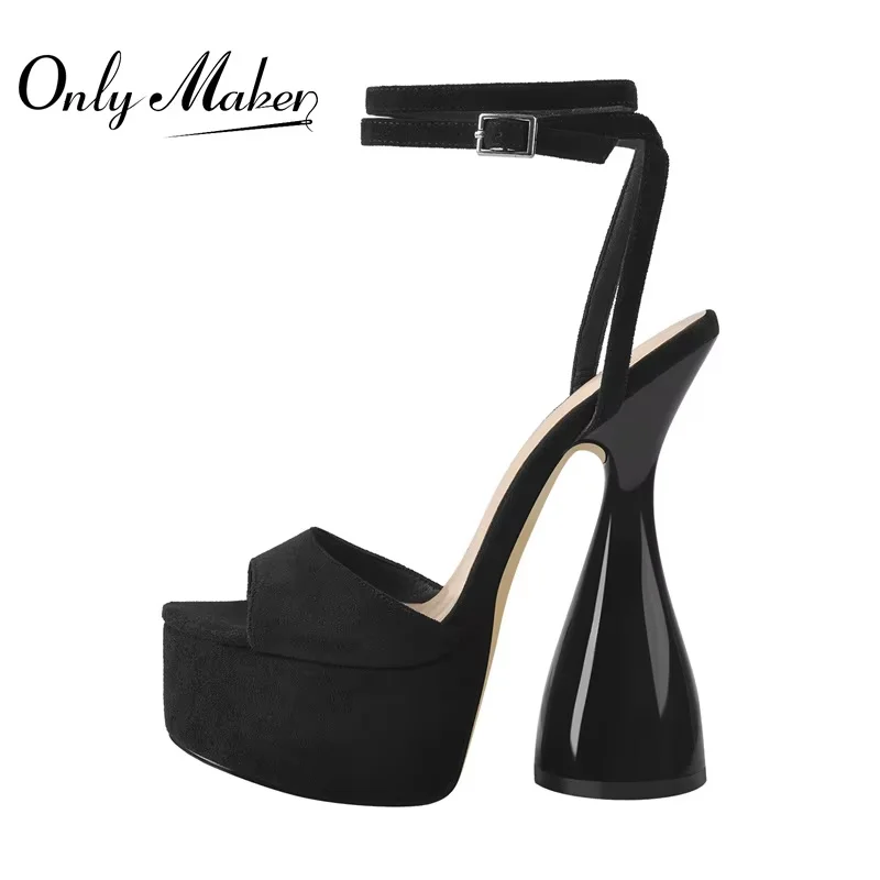 

Onlymaker Women Platform Sandals Open Toe Spike High Heels Flock Ankle Buckle Big Size Fashion Black Summer Sandals