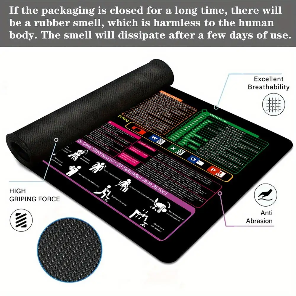 Alas Mouse Pad Kantor Jerman dengan Tombol Pintasan, Ukuran Besar, Anti Selip, Tahan Lama, Tepi Jahitan, Alas Meja untuk Tombol Pintasan Excel, Mousepad Kantor
