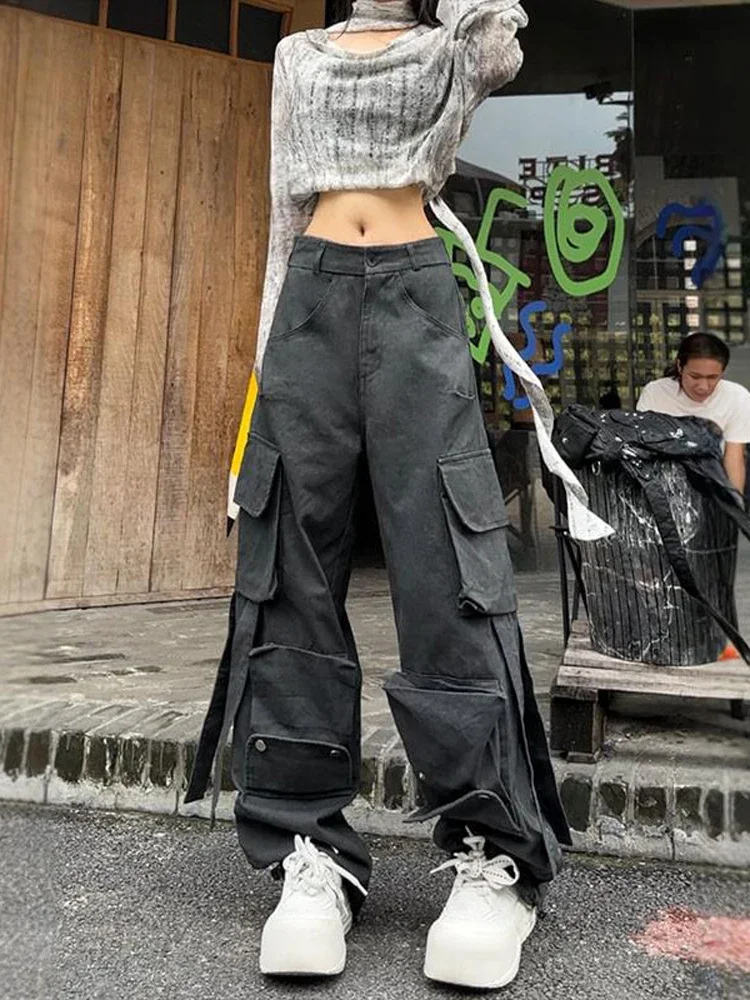 Women's Grey Cargo Pants Baggy Streetwear Aesthetic Harajuku 2000s Y2k Gradient Parachute Pants Vintage Trousers Clothes 2024