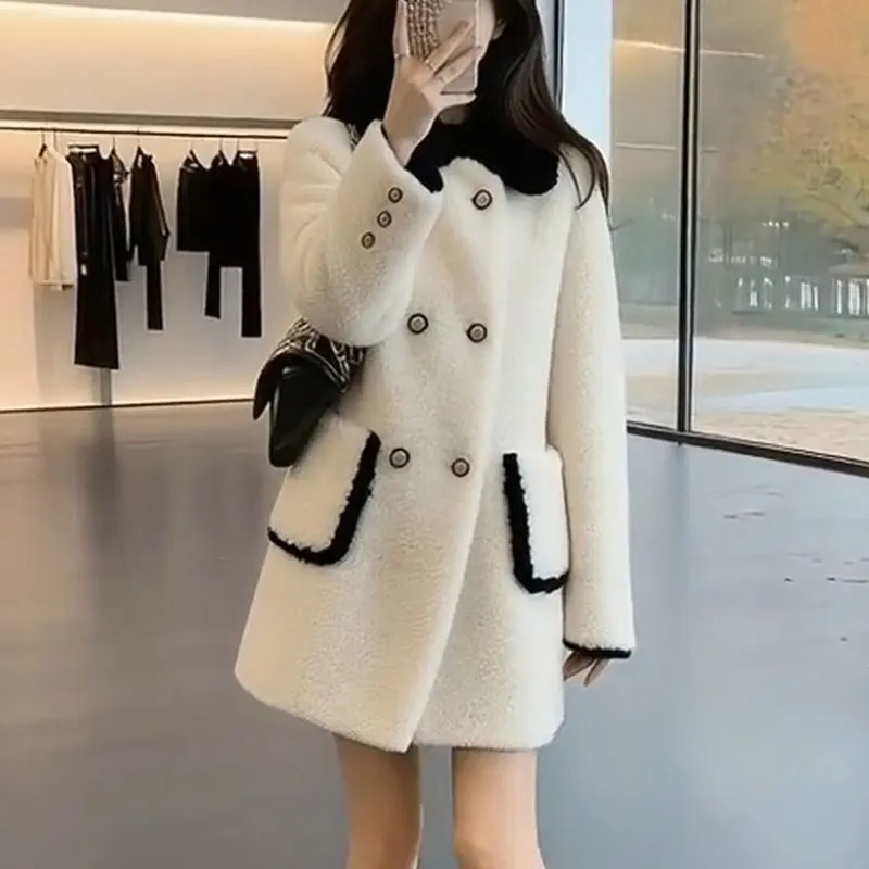 Women's White lamb wool Coat 2026Winter New Double Breasted Mid Length Teddy Jacket Faux Shearling High-end thick warm Outerwear