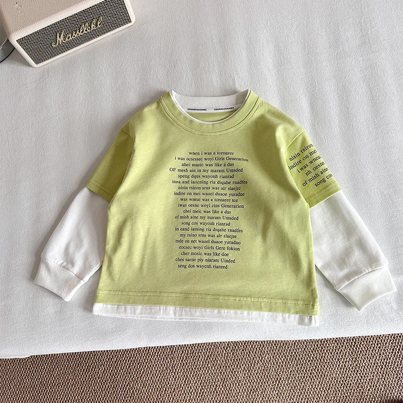 

2025 Autumn New Children's Clothing Children's Korean Edition Fake Two Piece Splicing T-shirt Boys' Personalized Letter Top