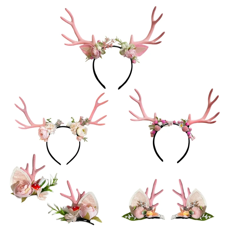 Women Hairband with Floral Cartoon Xmas Elk Horn Hair Pins Taking Photo Dropship