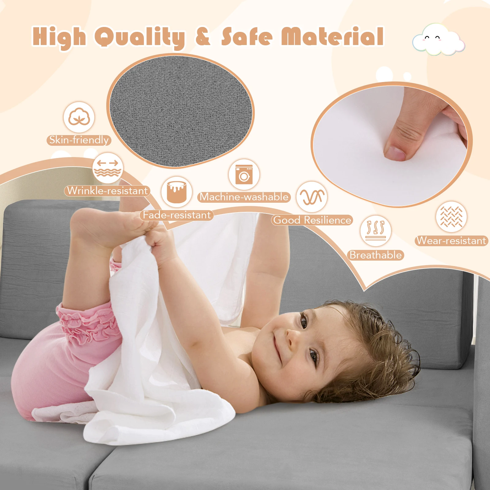 8 PCS Sofa Modular Anak dengan Penutup Kain Suede Busa Berdensitas Tinggi